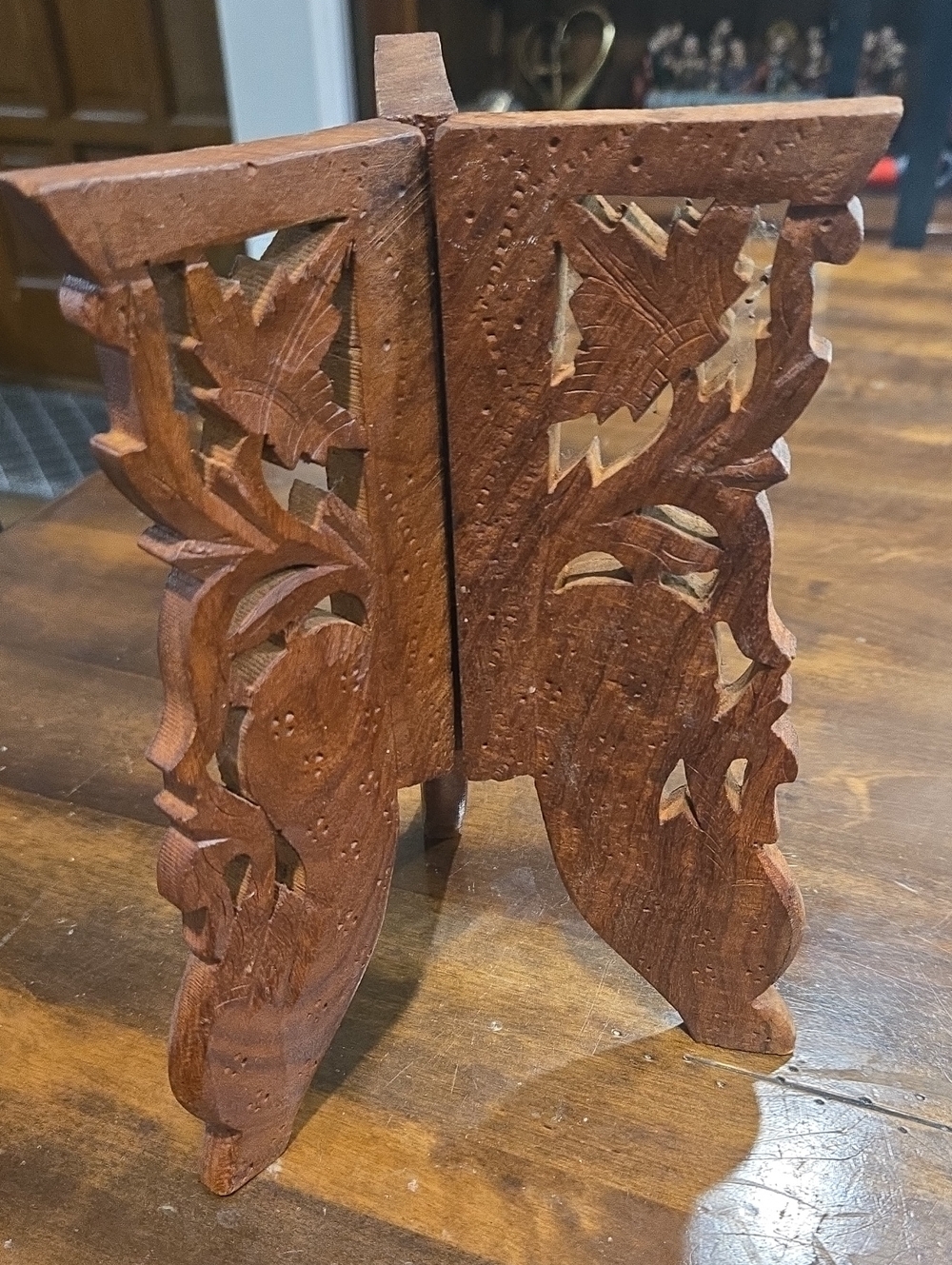 Vintage Hand-Carved Wooden Tri Fold Display Pedestal
